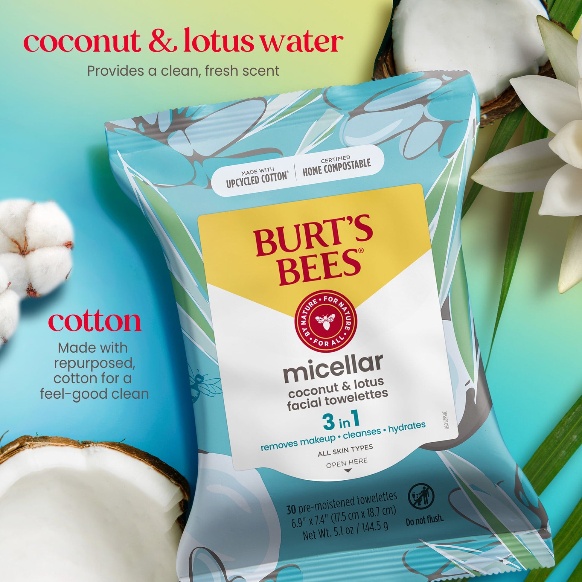 Micellar Facial Towelettes with Coconut and Lotus, 30 Ct. Package