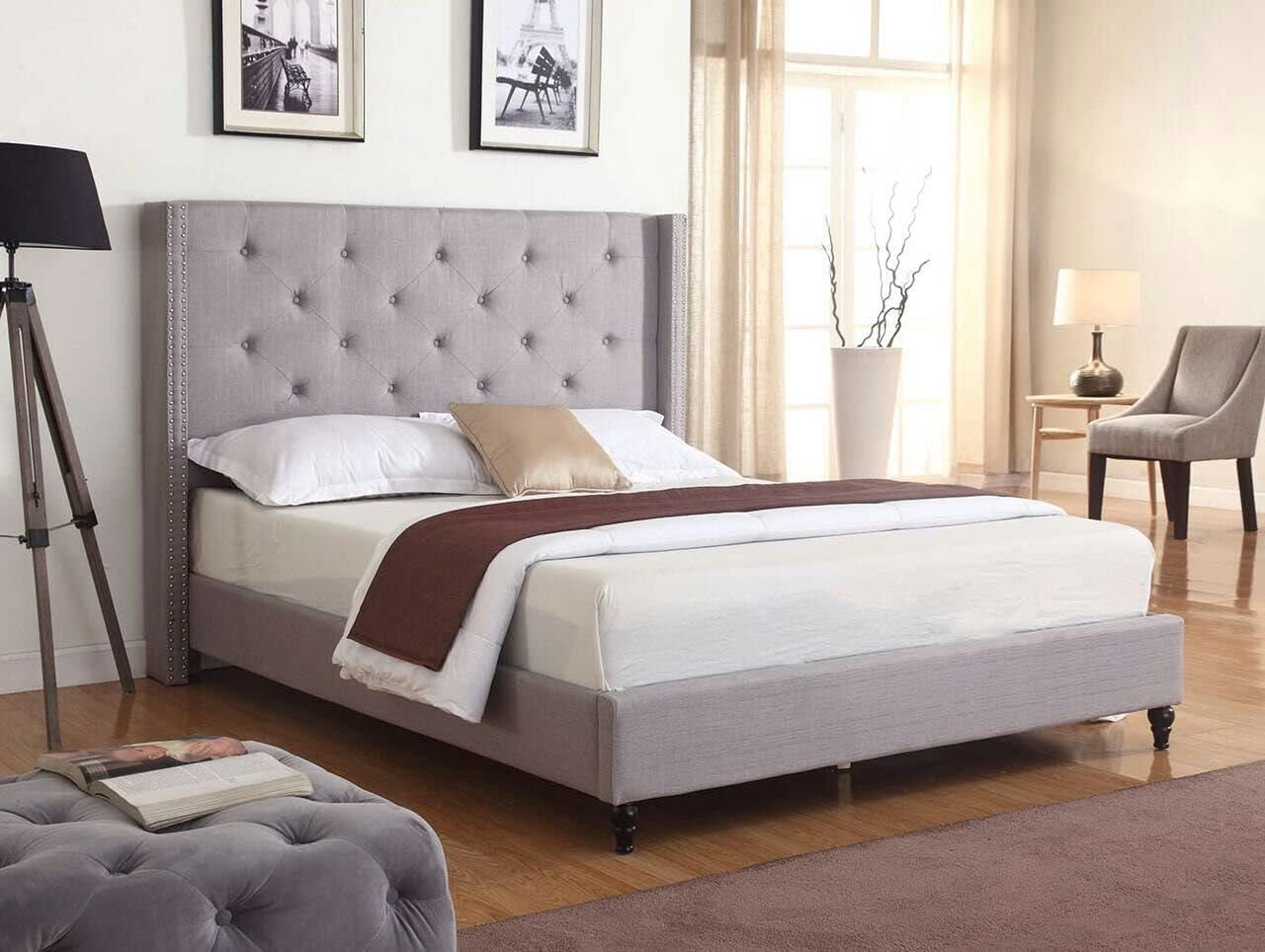 Queen Size Platform Bed Frame Linen Fabric Durable - 51-Inch Upholstered Headboard - Light Grey - Sturdy Wooden Bed Modern Bedroom Décor