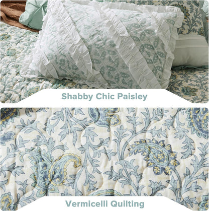 100% Cotton Quilt Set Floral Print, Double Sided Stitching, All Season, Lightweight Coverlet Shabby Chic Bedding Layer, Matching Shams, King/Cal King, Light Teal 6 Piece , Aqua
