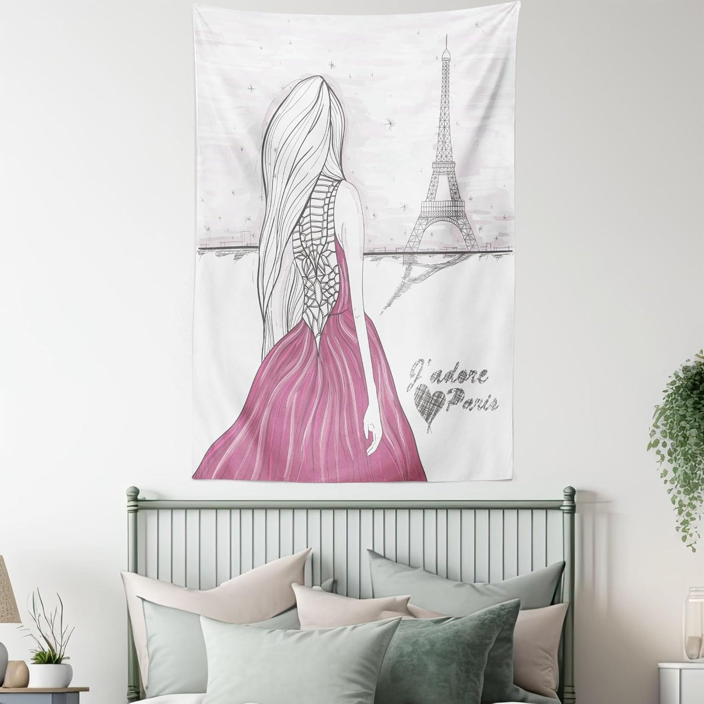 Paris Tapestry, Romantic Dramatical Woman Looks at Eiffel Tower Love Theme Sketch Style Illustration, Wall Hanging for Bedroom Living Room Dorm, 60" X 80", White Pink