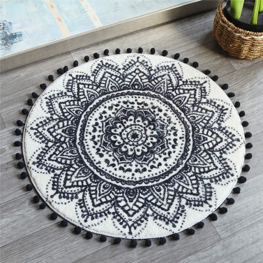 Small round Rug 2’ Boho Beige and Black Bathroom Rug with Pom Poms Fringe Washable Mandala Circle Shower Mat Soft Non-Slip Cute Circular Throw Rug for Sink Powder Room Kids Room Nursery