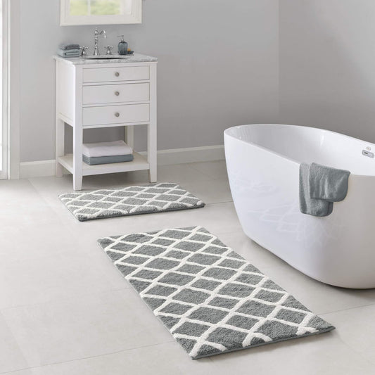 Bittman Reversible Bathroom Rug - High Pile Luxrurious Tufted Plush Bath Mat Absorbent, Quick Dry, Geometric Design Shower Room Décor, 24X60, Grey