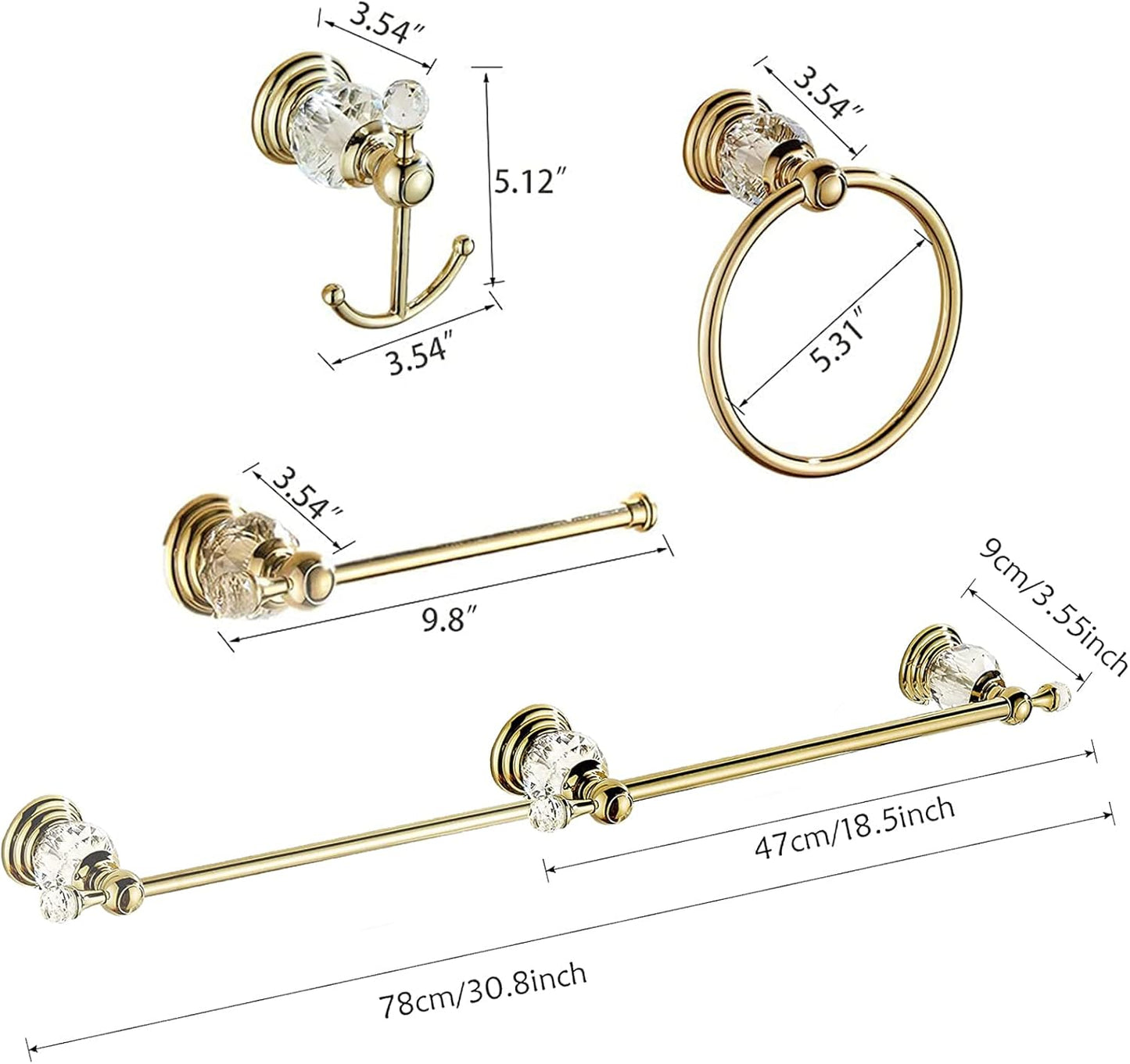 Crystal Bathroom Accessories, Gold Towel Bar Set Toilet Paper Holder Towel Ring Coat Hooks Shinny Bathroom Hardware Wall Mounted 4 Pieces with Crystal Ball Base