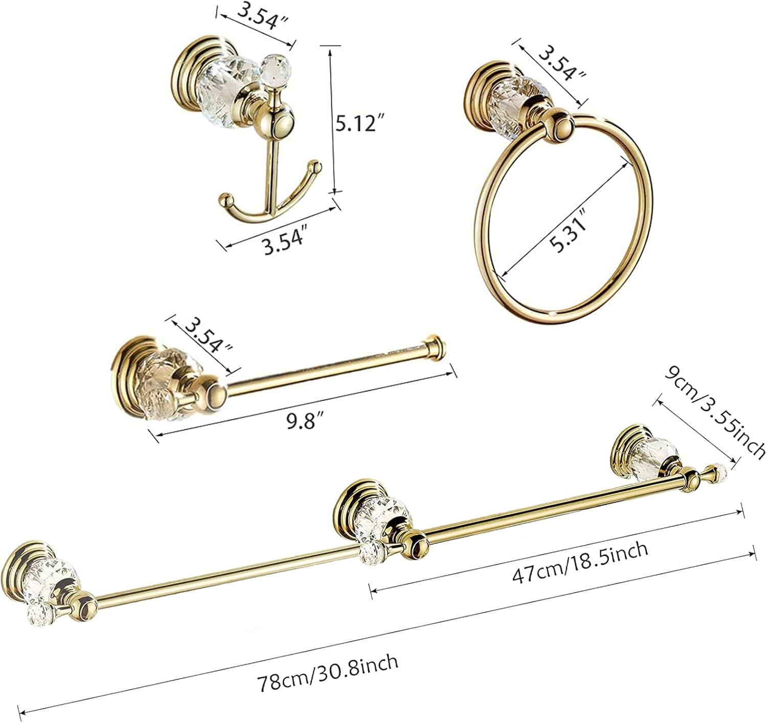 Crystal Bathroom Accessories, Gold Towel Bar Set Toilet Paper Holder Towel Ring Coat Hooks Shinny Bathroom Hardware Wall Mounted 4 Pieces with Crystal Ball Base