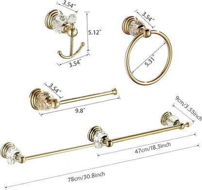 Crystal Bathroom Accessories, Gold Towel Bar Set Toilet Paper Holder Towel Ring Coat Hooks Shinny Bathroom Hardware Wall Mounted 4 Pieces with Crystal Ball Base
