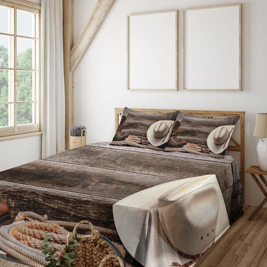 Western Sheet Set, American West Rodeo Traditional Straw Cowboy Hat Leather Boots Print, Fitted and Flat Sheet with Pillowcases Bedding Accent 4 Piece Set, Queen, Tan and Brown