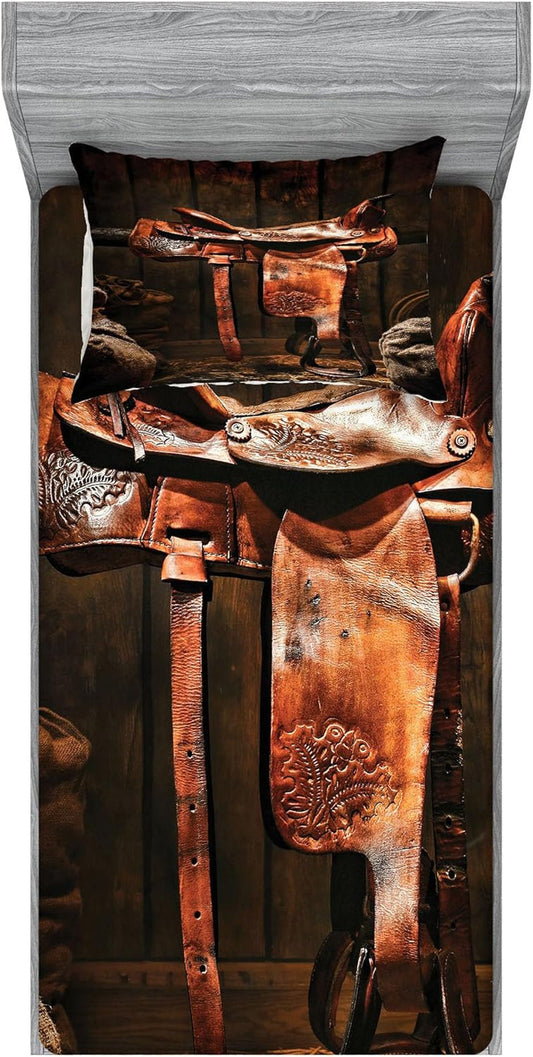 Western Fitted Sheet & Pillow Sham Set, American West Traditional Style Rodeo Cowboy Saddle Wood Ranch Barn Image, Decorative Printed 2 Piece Bedding Decor Set, Twin, Brown Multicolor