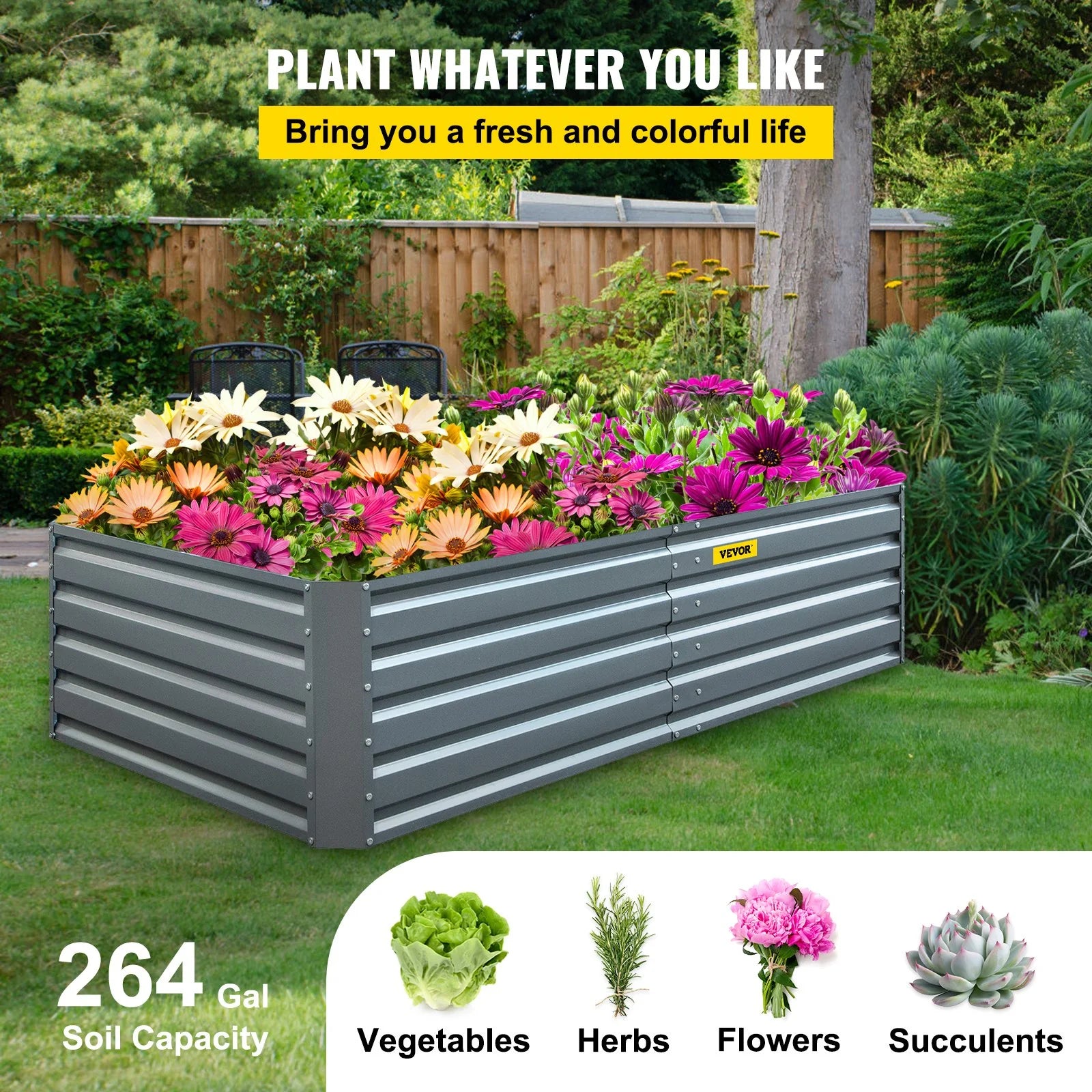 VEVOR Galvanized Raised Garden Bed, 80 X 40 X 19 Metal Planter Box, Gray Steel Plant Raised Garden Bed Kit, Planter Boxes Outdoor for Growing Vegetables,Flowers,Fruits,Herbs,And Succulents