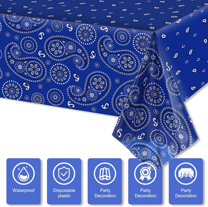 Western Party Tablecloth Paisley Table Cover Bandana Plastic Table Cloth Rectangle Floral Tablecloth for Western Cowboy Themed Party Decorations, 108 X 54 Inches (Blue, 3 Pack)