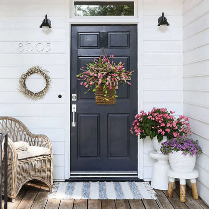 Wildflowers Hanging Basket Wreath, Artificial Spring Wreath for Front Door, Wall Hanging Flower Bucket Rustic Farmhouse Wrea