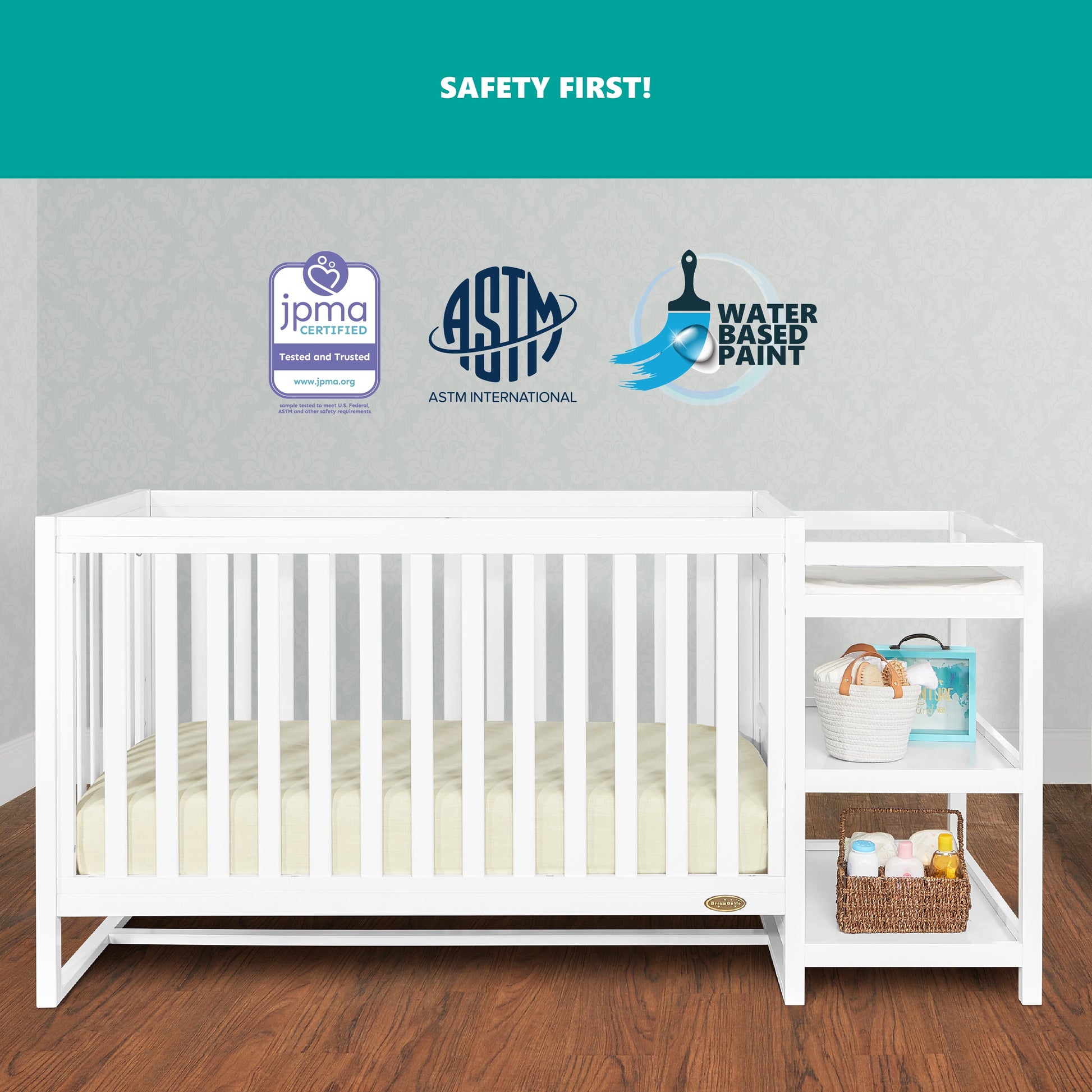 Milo 5 in 1 Convertible Crib and Changing Table with Free Changing Pad in White