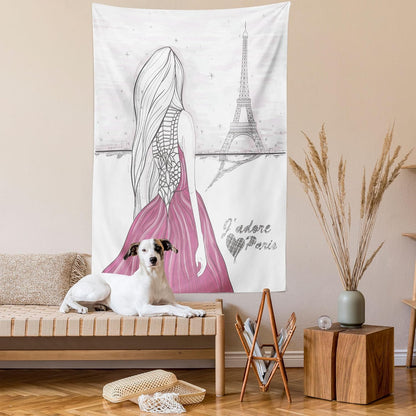 Paris Tapestry, Romantic Dramatical Woman Looks at Eiffel Tower Love Theme Sketch Style Illustration, Wall Hanging for Bedroom Living Room Dorm, 60" X 80", White Pink