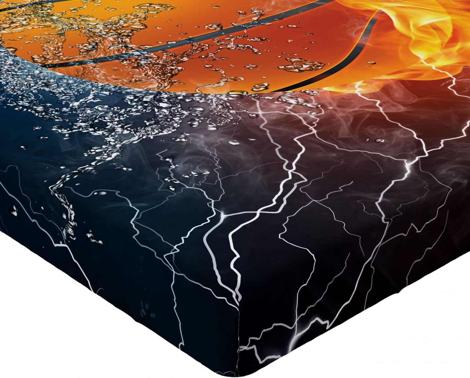 Sports Fitted Sheet, Basketball Ball and Water Splashing Thunder Lightning Themed Design, Bed Cover with All-Round Elastic Deep Pocket for Comfort, Twin Size, Dark Blue and Burgundy