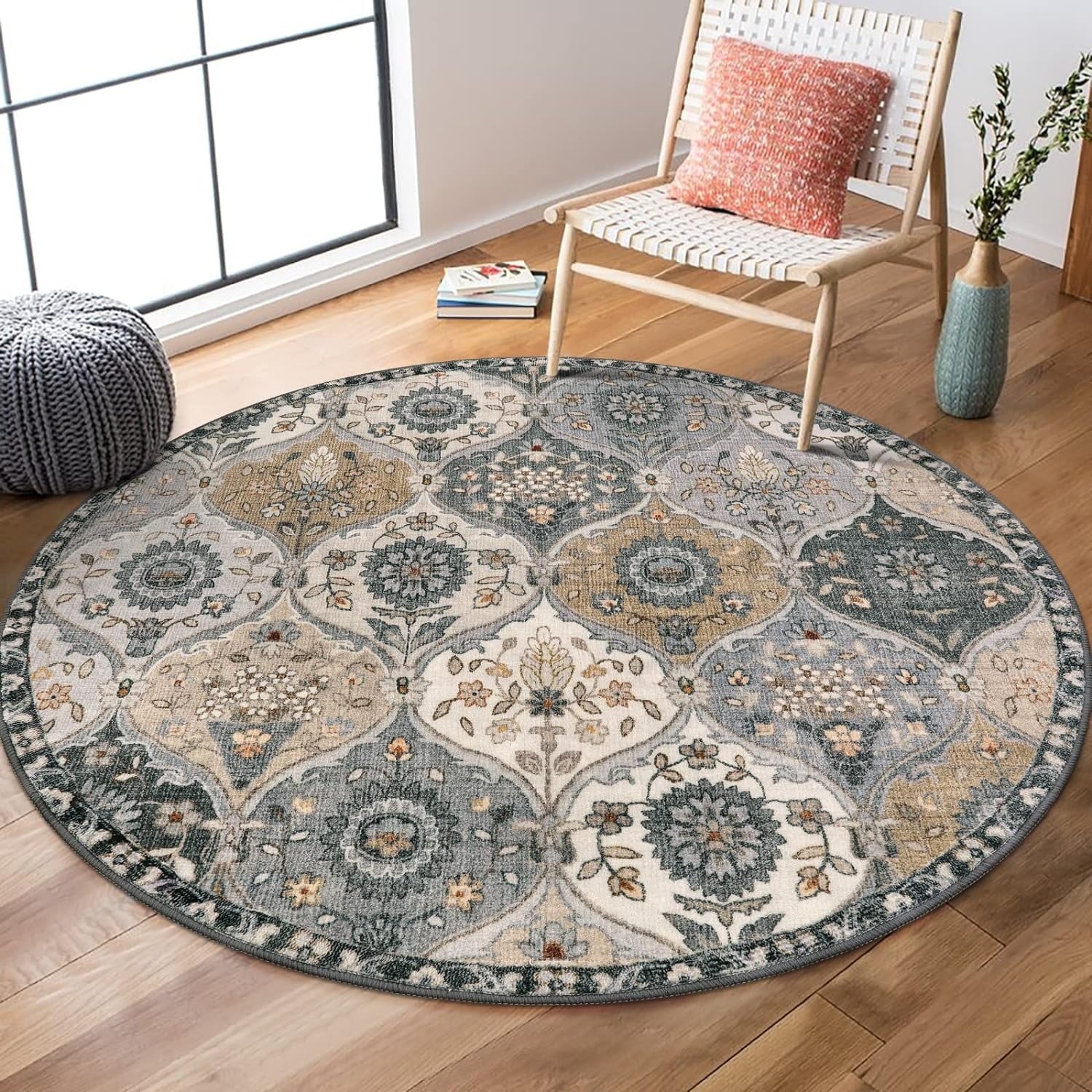 5'X7' Area Rug for Living Room Non-Slip Moroccan Indoor Washable Rug Ultra-Thin Foldable Soft Carpet Floral Accent Throw Rug for Kitchen Entryway Bathroom Bedroom Office Carpet,Grey