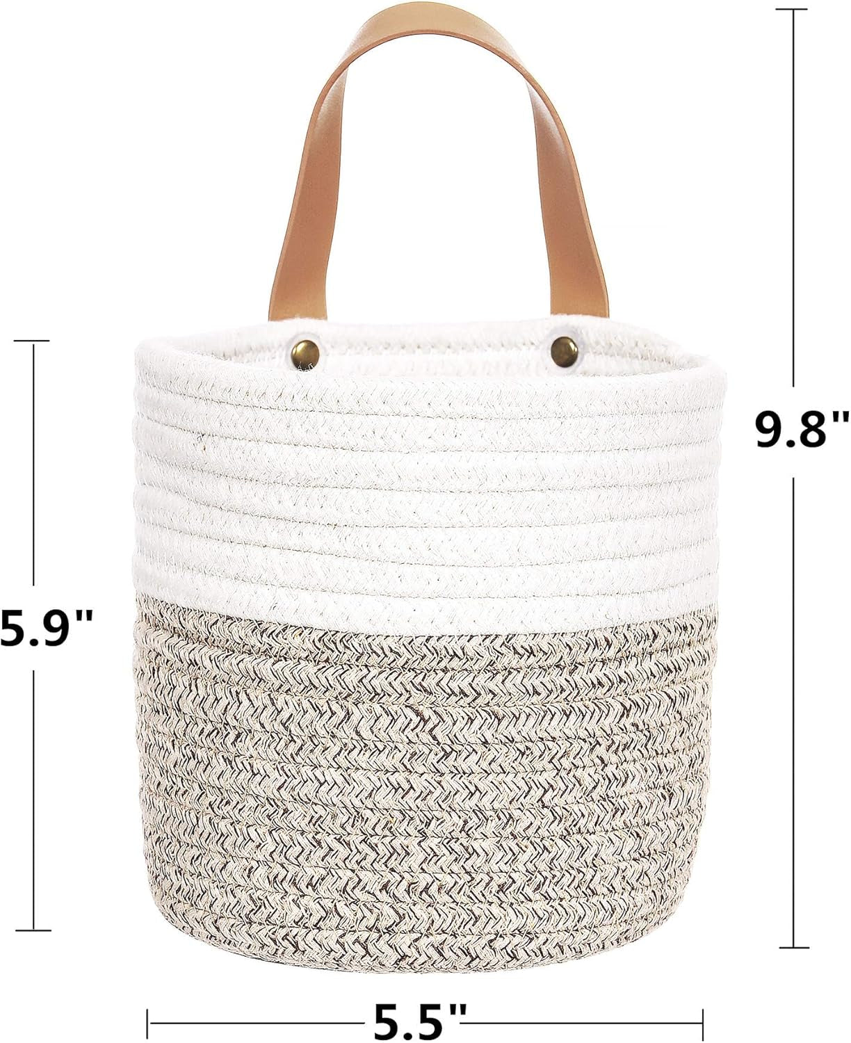 2Pack Small Hanging Basket-Cotton Rope Wall Basket with Handle, Hanging Storage Baskets, Shelf Baskets Storage Bin Closet Organizer 6"×6.3", Woven Plant Basket - (White & Brown)