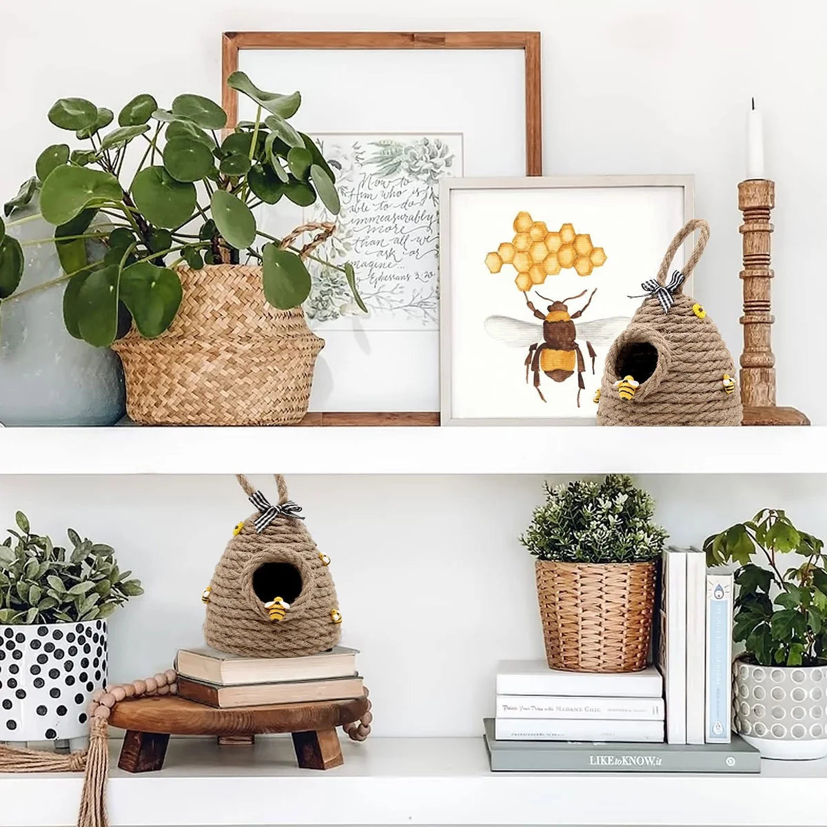 Beehive Decor Jute Hanging Bee Tiered Tray Decor Cute Handmade Honeycomb Decoration Bee Themed Party Ornament for Farmhouse Country Kitchen Bookshelf Garden