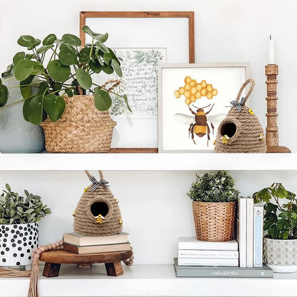 Beehive Decor Jute Hanging Bee Tiered Tray Decor Cute Handmade Honeycomb Decoration Bee Themed Party Ornament for Farmhouse Country Kitchen Bookshelf Garden