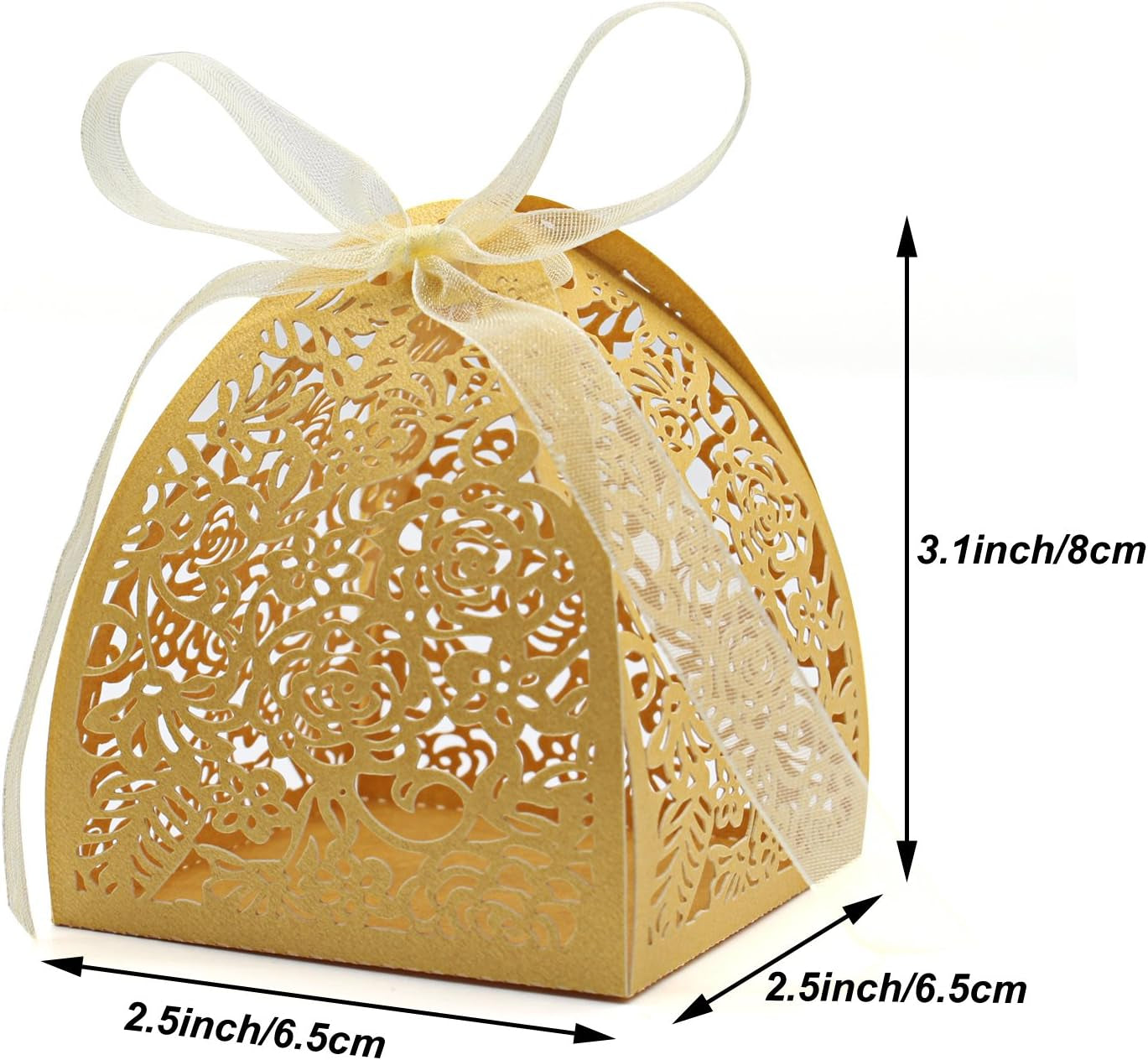Pack of 100 Laser Cut Rose Candy Boxes, Favor Boxes 2.5"X 2.5"X 3.1", Gift Boxes for Bridal Shower Anniverary Birthday Party Wedding Favor (100,Gold)