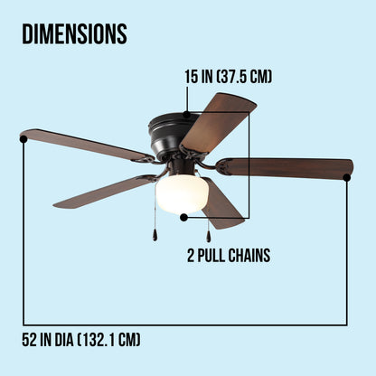 52 Inch Hugger Indoor Ceiling Fan with Light Kit, Black, 5 Blades,, Reverse Airflow