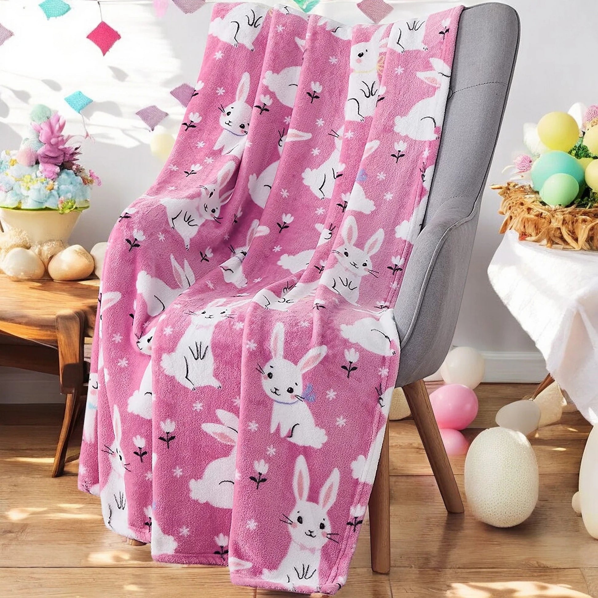 Easter Spring Flowers and Eggs Velvet Fleece Throw Blanket, 50" X 70"