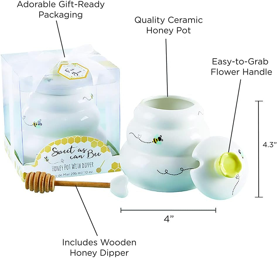 Sweet as Can Bee Ceramic Large Honey Pot with Wooden Honey Dipper (10 Oz), Kitchen Decor, Bumblebee Baby Shower Prize, Take Home Gift, Bee Decorations