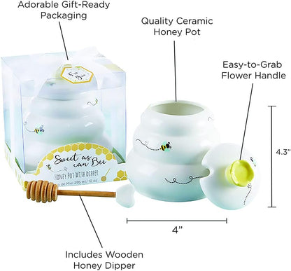 Sweet as Can Bee Ceramic Large Honey Pot with Wooden Honey Dipper (10 Oz), Kitchen Decor, Bumblebee Baby Shower Prize, Take Home Gift, Bee Decorations