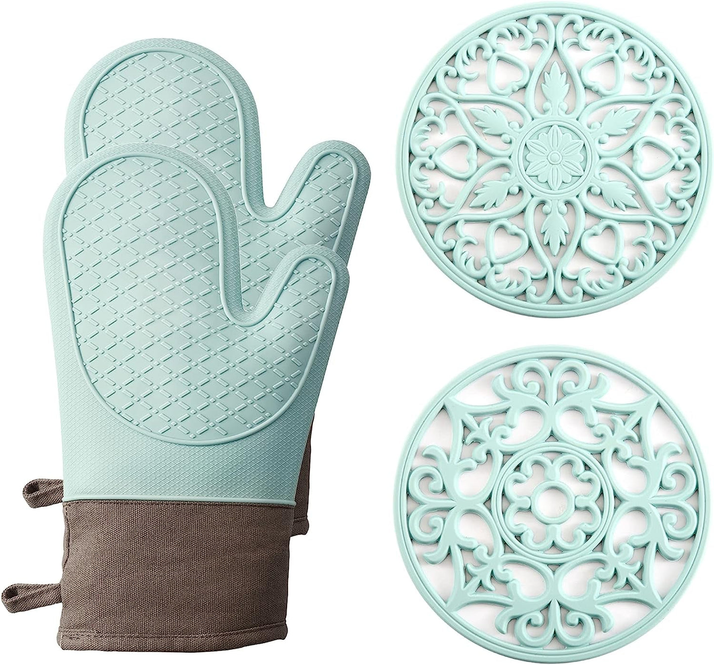 Oven Mitts and Pot Holders Sets, Silicone Heat Resistant 600F, Soft Lining Good Grip, Oven Gloves and Trivet Mats 4 Piece Set, Aqua Sky