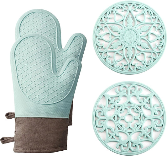 Oven Mitts and Pot Holders Sets, Silicone Heat Resistant 600F, Soft Lining Good Grip, Oven Gloves and Trivet Mats 4 Piece Set, Aqua Sky