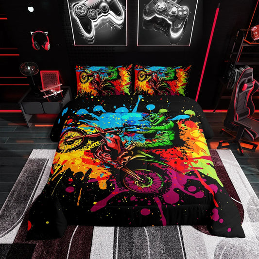 Motocross Bedding Sets for Boys Twin Size Motorcycle Racer Comforter Set Extreme Sport Tie Dye down Comforter Dirt Bike Motor Vehicles Biker Duvet Insert 2Pcs for Kids Car Game Room Decor