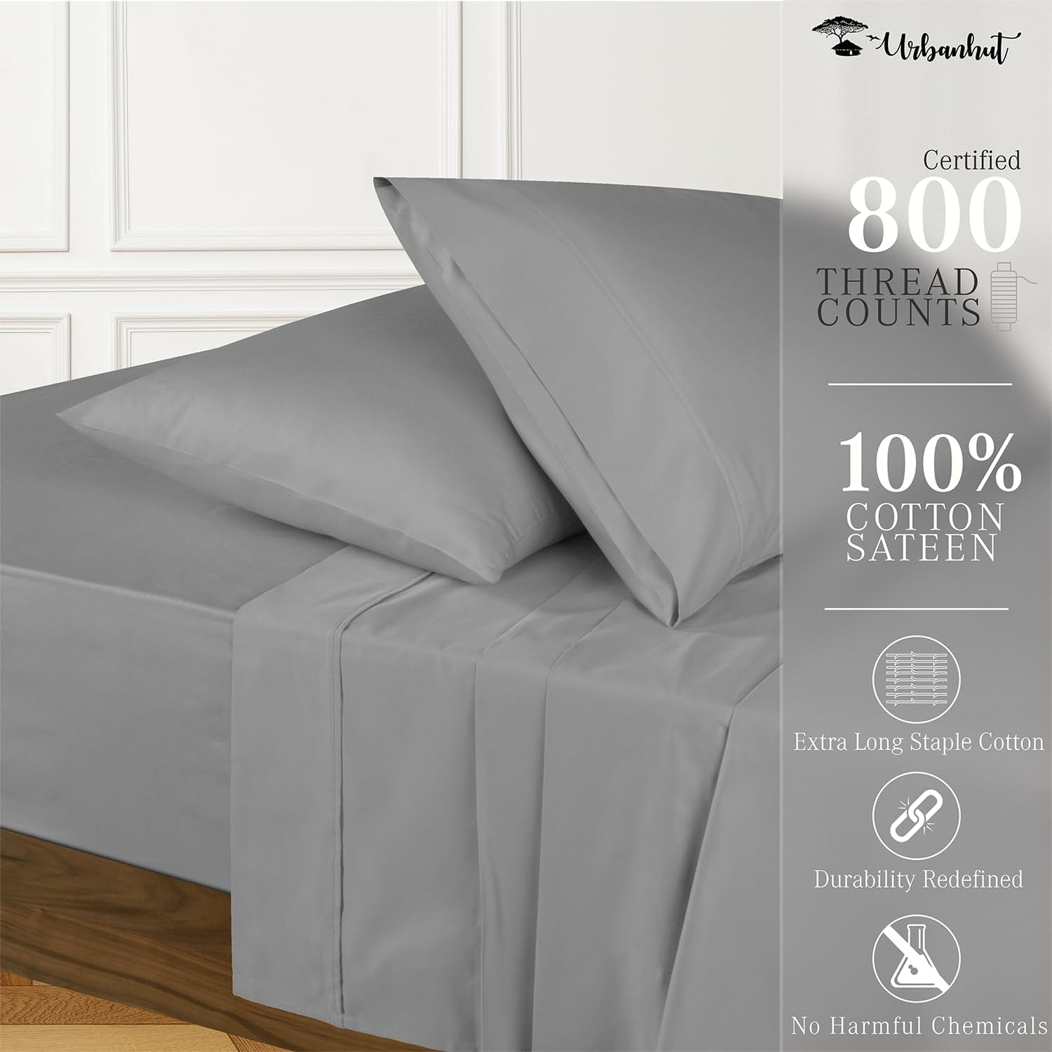800 Thread Count Egyptian Cotton Sheets King Size, Long Staple Soft & Breathable, 4 Pc Bed Sheet for King Size Bedding, Sateen Weave Luxury Hotel Bed Sheets Fits 16" Deep Pocket - Dark Grey