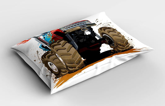 Man Cave Pillow Sham, Monster Truck Splashing Mud Graphic Design Flame Machinery Engine with Wheels, Decorative Standard Queen Size Printed Pillowcase, 30" X 20", Blue Red