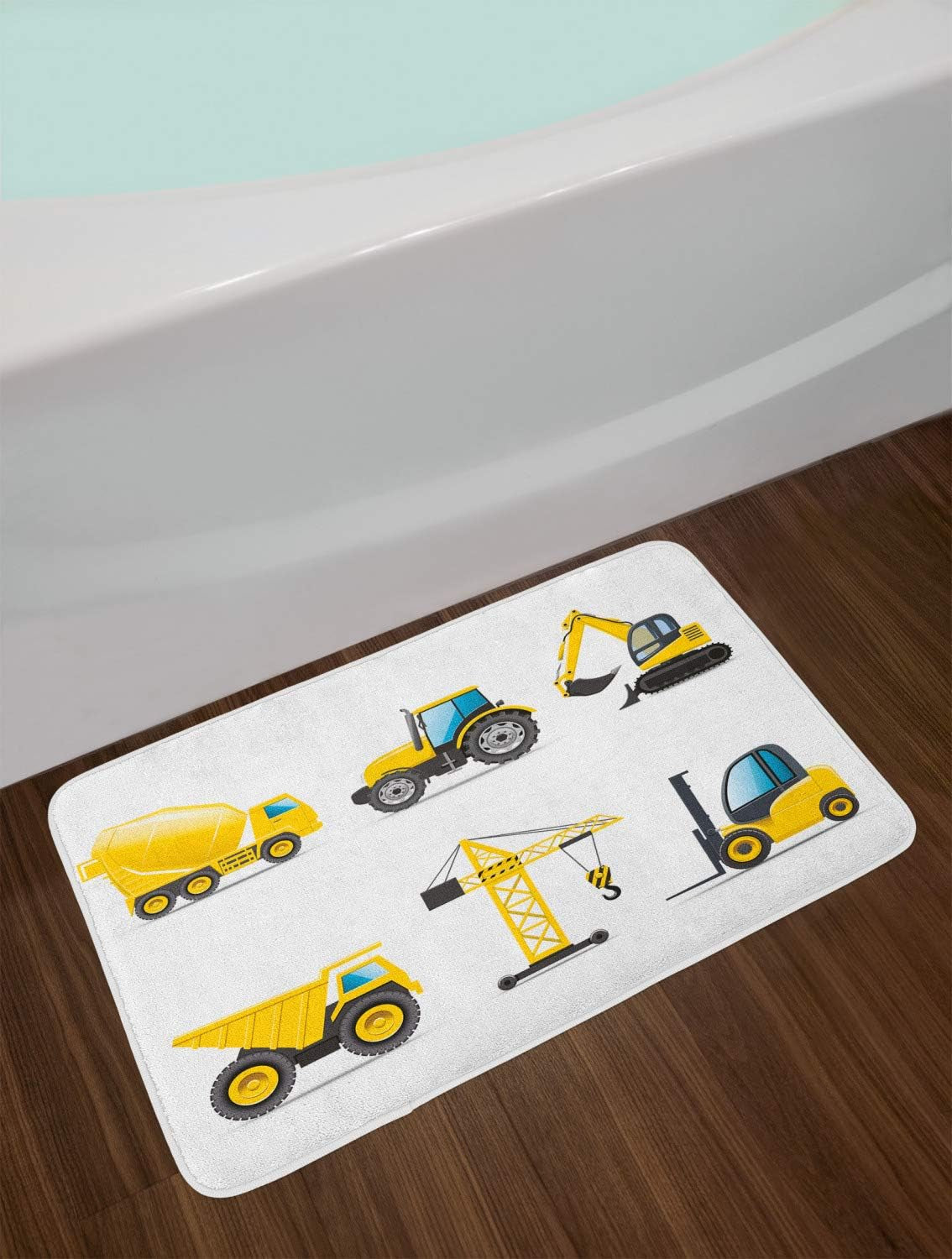 Cartoon Bath Mat, Style Heavy Machinery Truck Crane Digger Mixer Tractor Construction, Plush Bathroom Decor Mat with Non Slip Backing, 30.2" X 20", Yellow and Grey