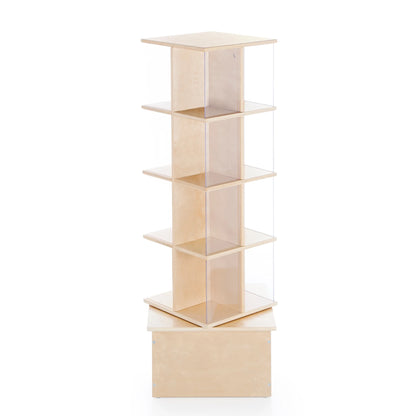 Floor Standing Rotating Book Display: Spinning Bookshelf Tower for Classroom, Kids Playroom, Library | Revolving Bookcase W/ Acrylic Windows, Birch Plywood Montessori Storage