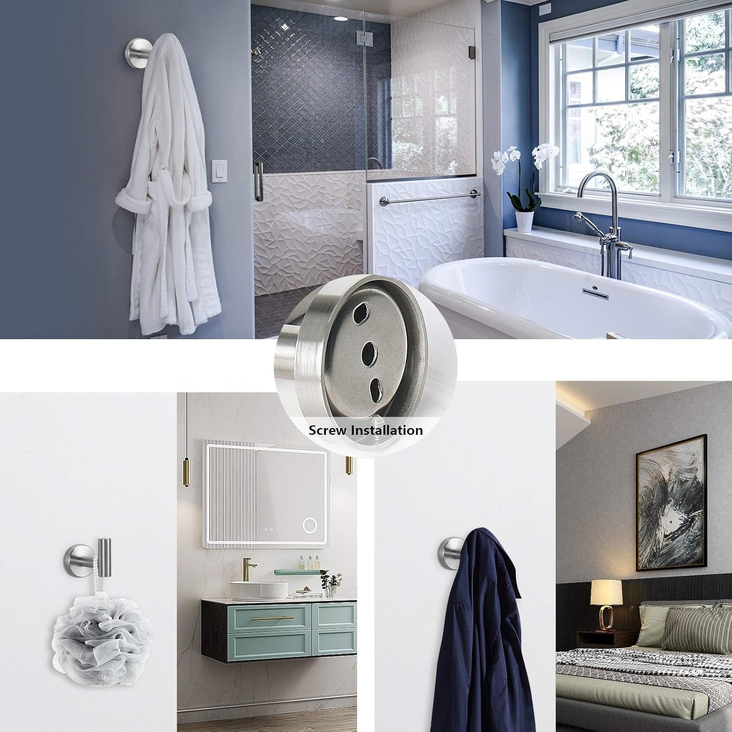 7 Pieces Bathroom Hardware Set SUS304 Thicken Stainless Steel-Towel Rack Kit Include 24" Towel Rod+ 9" Hand Towel Bar+ Toilet Paper Holder+4Robe Towel Hooks Bath Accessories (Nickel)