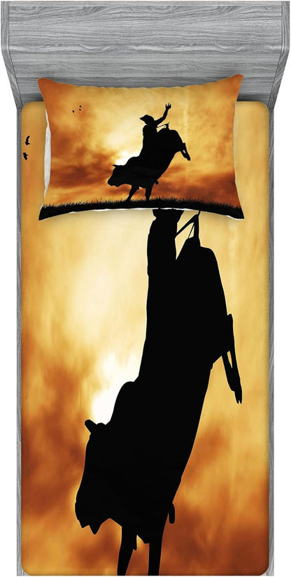 Western Fitted Sheet & Pillow Sham Set, Bull Rider Silhouette at Sunset Dramatic Sky Rural Countryside Landscape Rodeo, Decorative Printed 2 Piece Bedding Decor Set, Twin, Amber Black