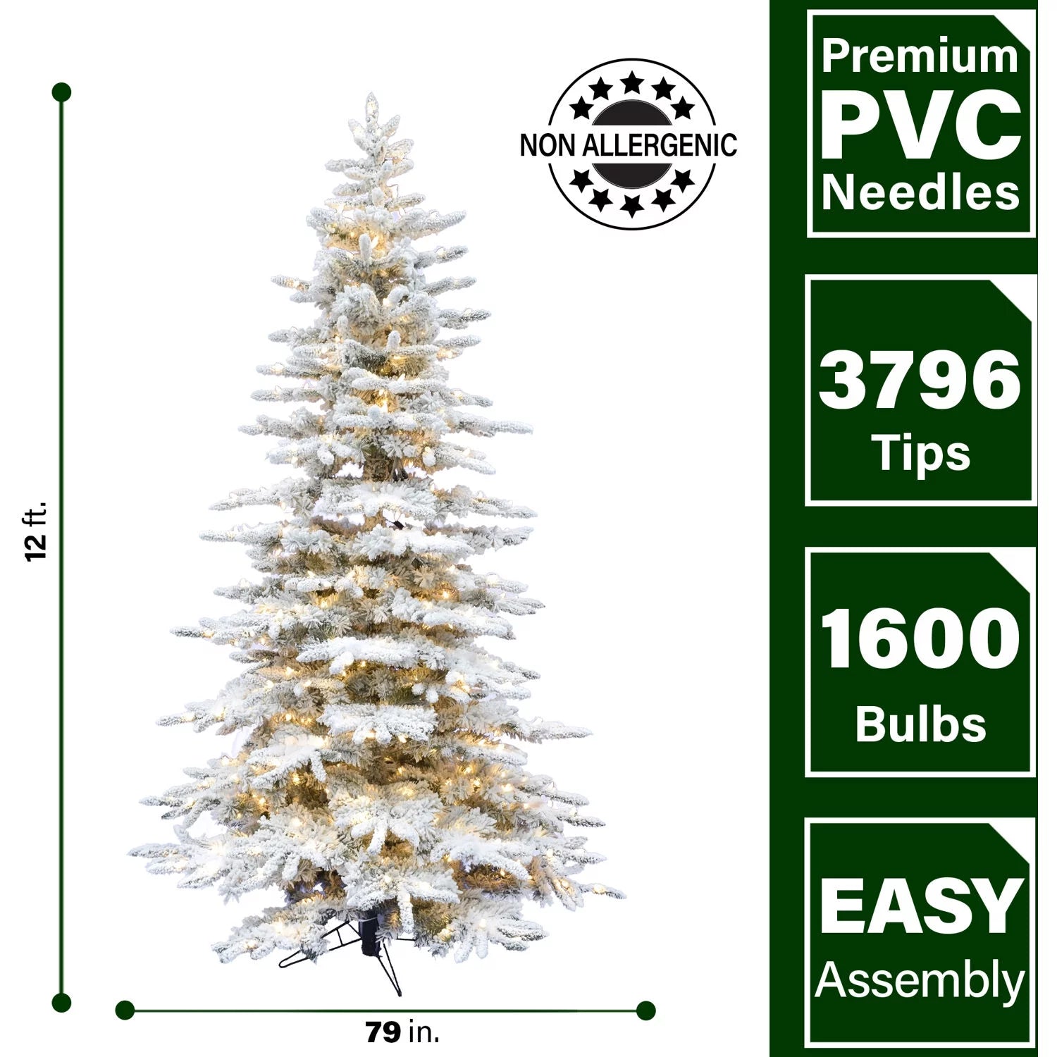 Pre-Lit Warm White 1600 LED Lights Mountain Pine Snow Flocked Artificial Christmas Tree, 12'
