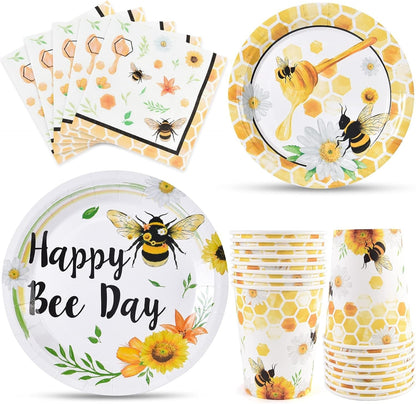 Bee Party Tableware Set - Bee Party Supplies Set for Kids Girls Honey Bee Birthday Bundle Baby Shower Happy Bee Day Paper Plates Cups Napkins Dinnerware Serves 16 Guests 64 PCS