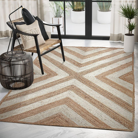 Premium Natural Fiber Woven 6' X 9' Chevron Jute Area Rug - Farmhouse Bohemian Textured Dining Room Rug Rugs