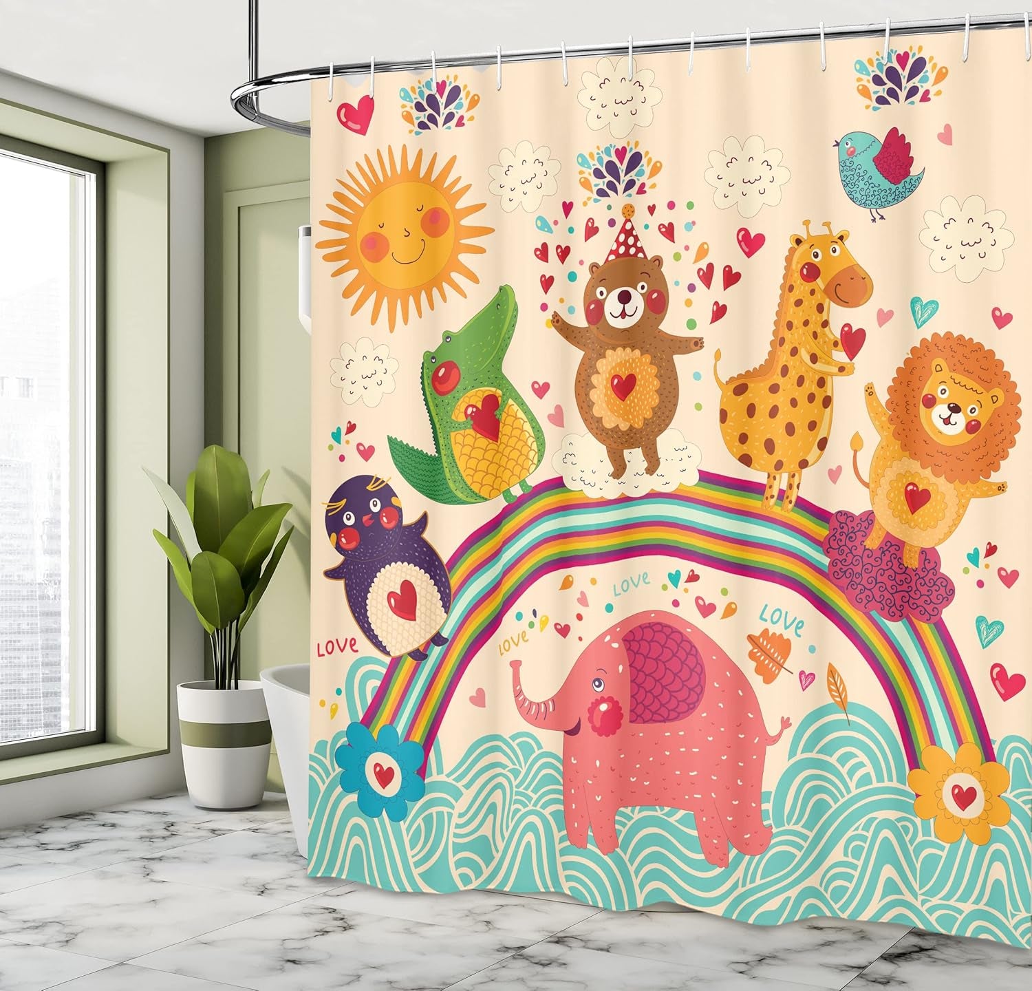 Cartoon Shower Curtain, Happy Animals Bear Lion Crocodile Birds on Rainbow Drawing Effect, Cloth Fabric Bathroom Decor Set with Hooks, 69" W X 70" L, Orange Green