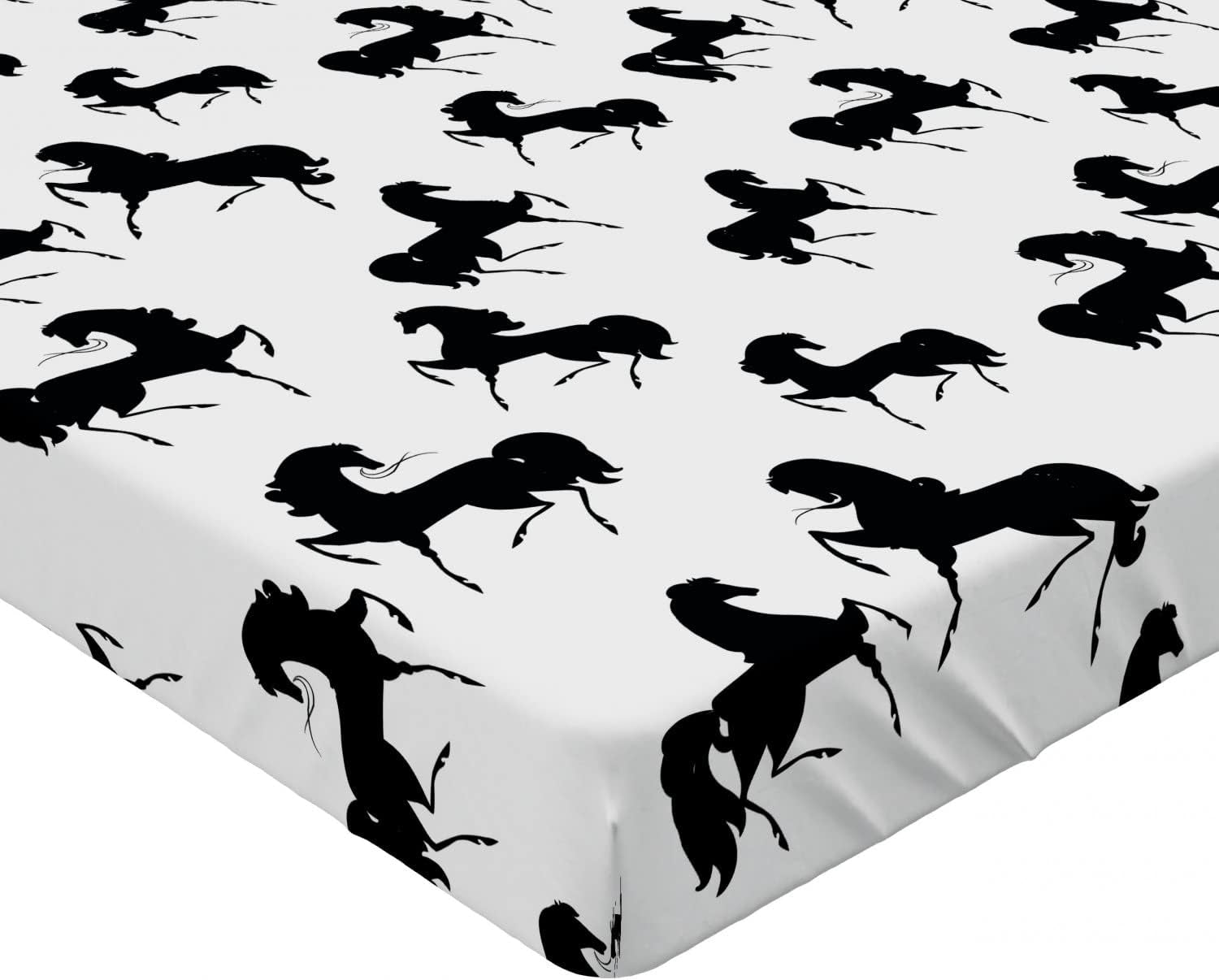 Horses Fitted Sheet, Farm Animal Silhouettes with Various Poses Galloping Trotting Cantering and Loping, Soft Decorative Fabric Bedding All-Round Elastic Pocket, Twin Size, Black
