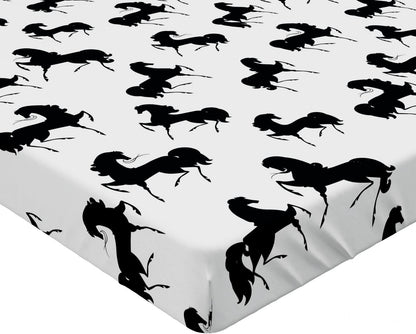 Horses Fitted Sheet, Farm Animal Silhouettes with Various Poses Galloping Trotting Cantering and Loping, Soft Decorative Fabric Bedding All-Round Elastic Pocket, Twin Size, Black