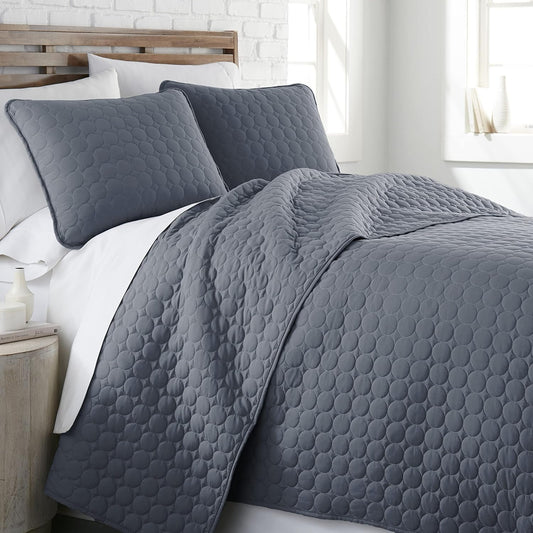 Full/Queen Quilt Bedding Set with 2 Quilted Pillow Shams, Circle Stitched Full Size Bedspread, Lightweight Blue Quilt Coverlet Queen Size, Steel Blue