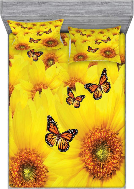 Sunflower Fitted Sheet & Pillow Sham Set, Sunflower Flowers Butterfly Warm Colors round Close up Details Fun Design, Decorative Printed 3 Piece Bedding Decor Set, Queen, Marigold Yellow