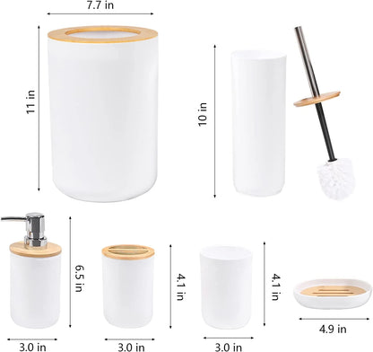 Bamboo Bathroom Accessory Set, 6 Pieces Bath Set- Soap Dish Toothbrush Holder Rinse Cup Lotion Bottle Trash Can Toilet Brush - Practical Toilet Kit for Home Washing Room，White