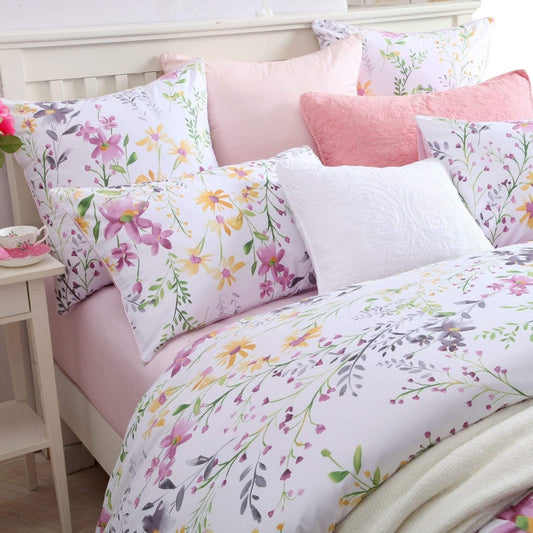 Garden Style Floral Queen Size, Pink Gray Green Branches Flower Leaf Print Bedding Set Reversible Purple Bedding Collection 1 Duvet Cover with 2 Pillowcases