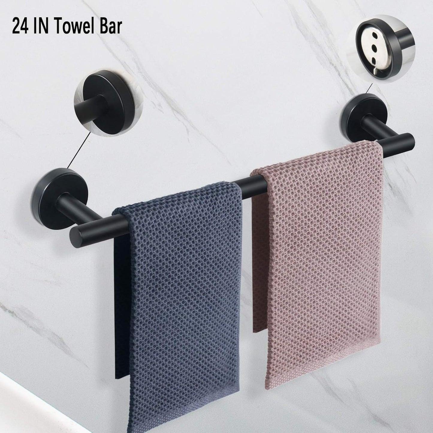 7 Pieces Bathroom Hardware Set SUS304 Thicken Stainless Steel-Towel Rack Kit Include 24" Towel Rod+ 9" Hand Towel Bar+ Toilet Paper Holder+4Robe Towel Hooks Bath Accessories (Matte Black)