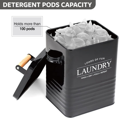 Modern Farmhouse Metal Laundry Soap Dispenser Container Holder with Scoop for Laundry Room Decor and Space Saving Laundry Room Organization and Storage, Laundry Powder Container, Black