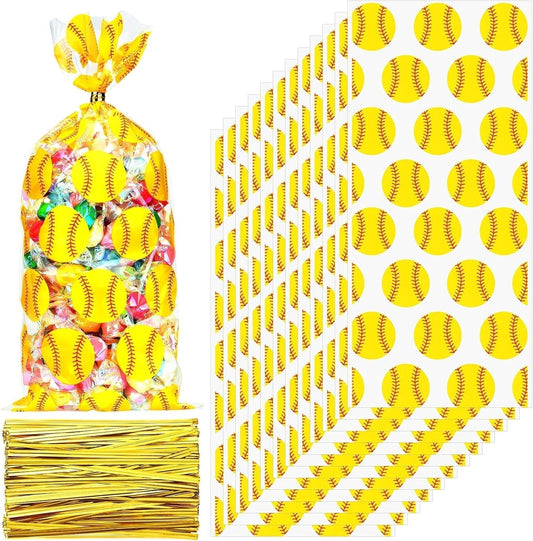100 Pieces Softball Party Cello Bags Cellophane Softball Treat Bags with 200 Gold Twist Ties for Birthday Party Supplies Favors Cookie Candy Goody Gift Treat