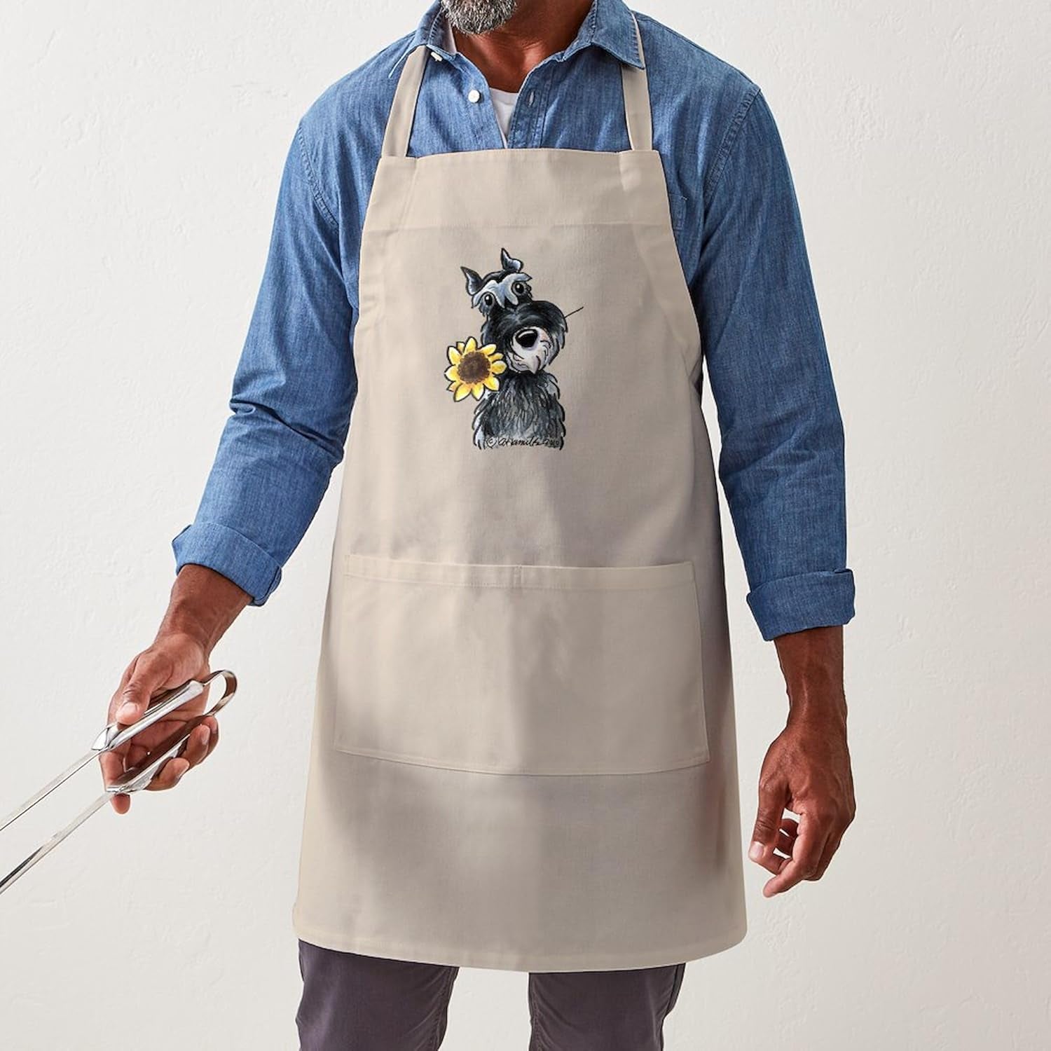 Sunflower Schnauzer Kitchen Apron with Pockets, Grilling Apron, Baking Apron