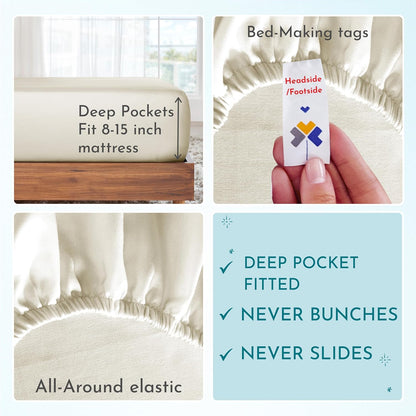 Twin Size Sheet Set - 100% Cotton 500 Thread Count, Cooling Deep Pocket Bed Sheets with Fitted Elastic Sheet, Extra Soft Luxury Hotel Quality - Ivory